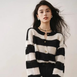 Striped Spliced Sweater Women's Autumn And Winter New French Style High Grade Round Neck Striped Short Design Long Sleeve Cardig